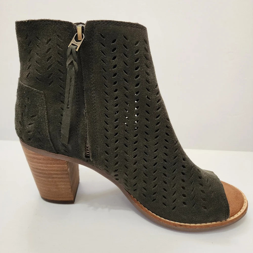 Toms Majorca Peep Toe Booties Olive Green Perforated Size 8.5 - Picture 7 of 11